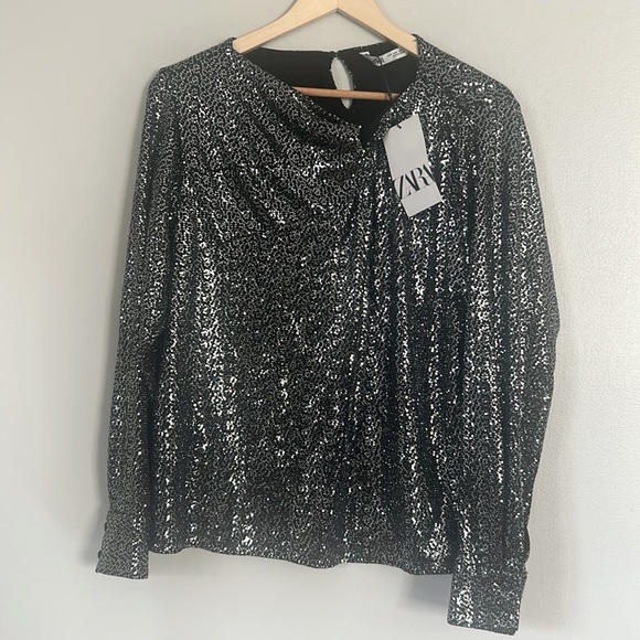 Zara Silver Grey Sequin Metallic Long Sleeve Top with Knot Size M - Picture 3 of 10